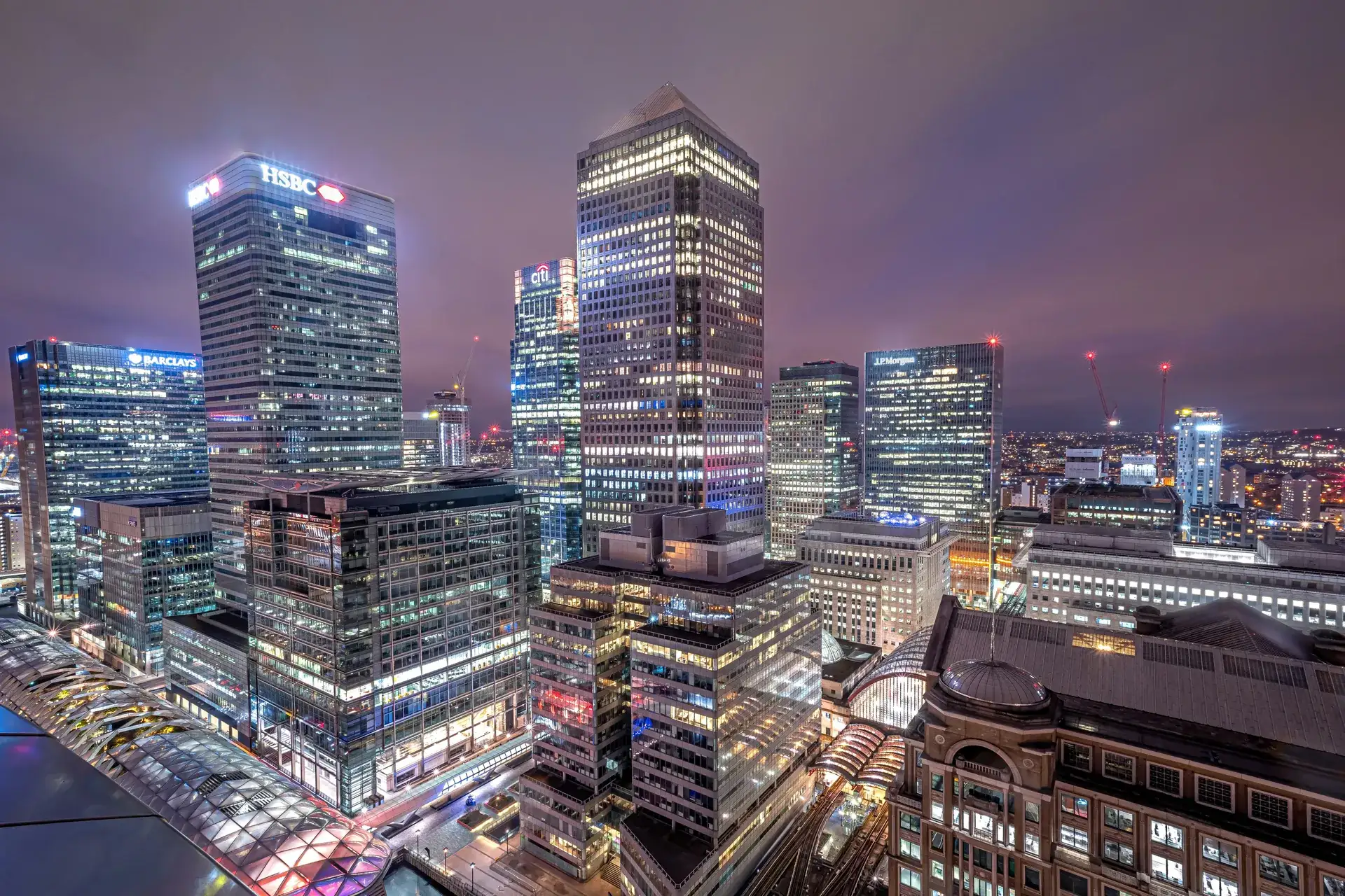 The Canary Wharf skyline lit up at night